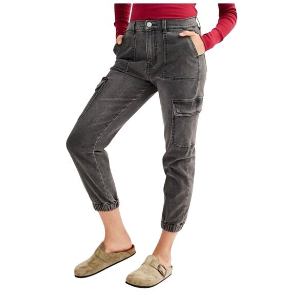 Black denim Cargo Jogger Jeans Y2K Grunge Streetwear Utility Pants Size Medium - Picture 1 of 8